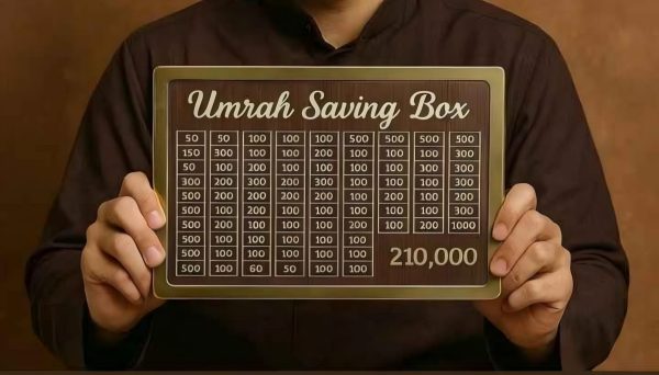 Umrah Saving Box Dark Brown, Wooden Money Box For Umrah – 210,000